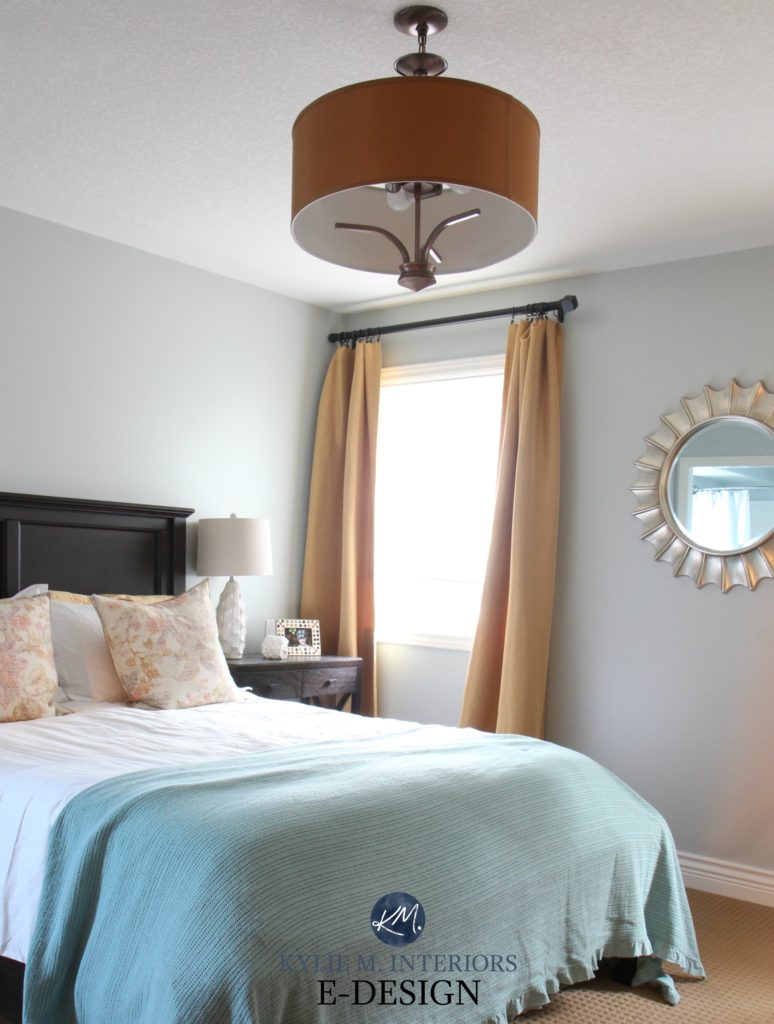 Sherwin Williams Silver Strand paint color review. south facing bedroom, blue, green, gold accents. KYlie M INteriors E-design, online expert