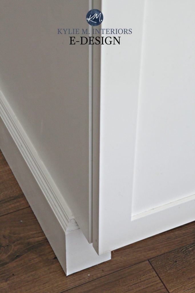 Kitchen island painted benjamin moore cloud white, before and after close up. Kylie M INteriors E-design and online paint color expert