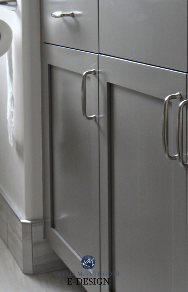 Maple bathroom vanity cabinet painted Benjamin Moore Metropolis. Review. Kylie M INteriors E-design, online paint consulting