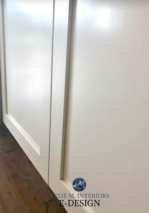 Maple cabinets, wood, painted Benjamin Moore Cloud White, before and after 2 years. Kylie M INteriors E-design, online paint consultant