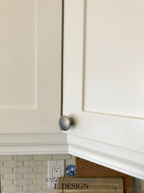 Maple wood cabinets painted Benjamin Moore Cloud White, durability. Kylie M INteriors e-design