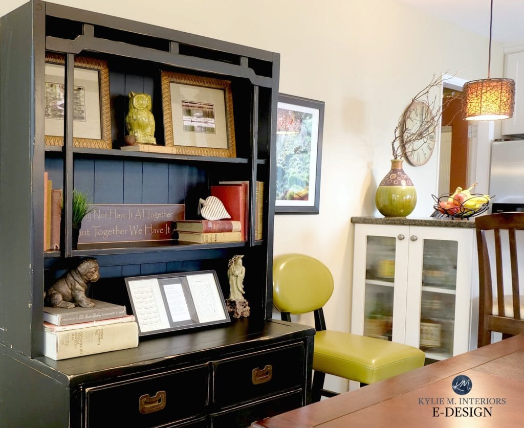Ideas to update a room on a budget. Kylie M Interiors Edesign, black painted buffet and hutch with home decor