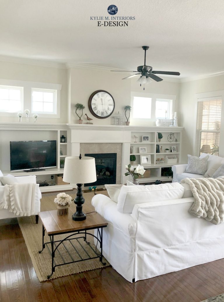 Ballet White best warm cream neutral paint colour. Living room, cottage coastal style, builtins. Kylie M Interiors Edesign, online paint colour advice blog