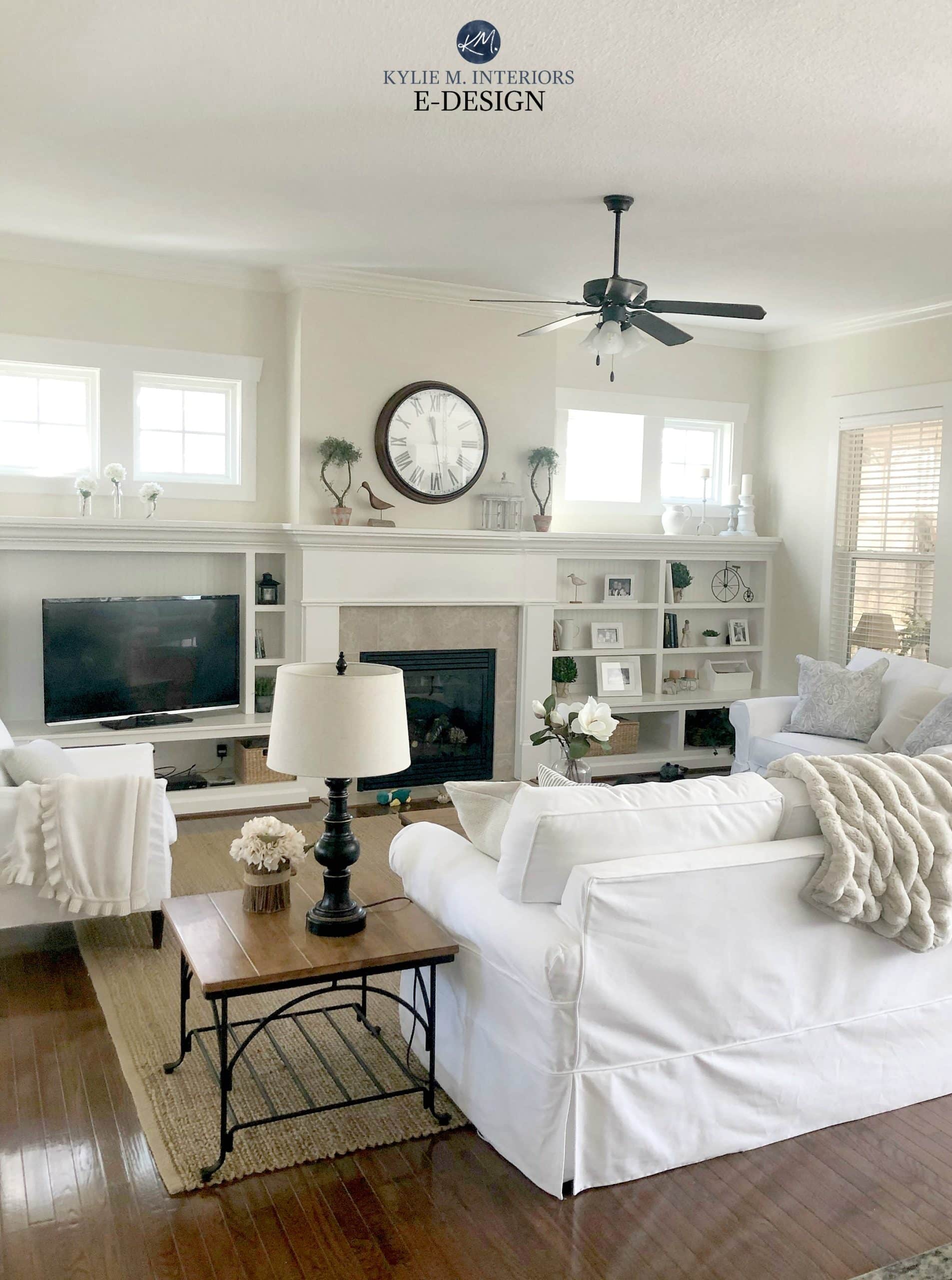 Ballet White best warm cream neutral paint colour. Living room, cottage coastal style, builtins. Kylie M Interiors Edesign, online paint colour advice blog