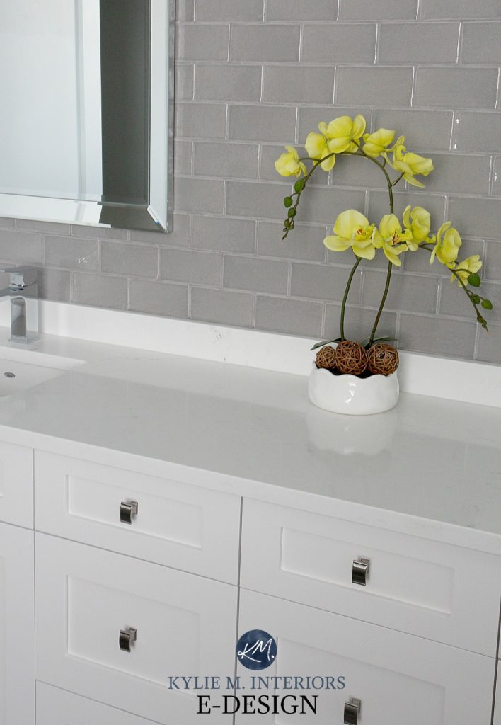Bathroom vanity cabinet High Reflective White, white countertop, subway tile accent feature wall. Kylie M Interiors Edesign, online paint color consultant