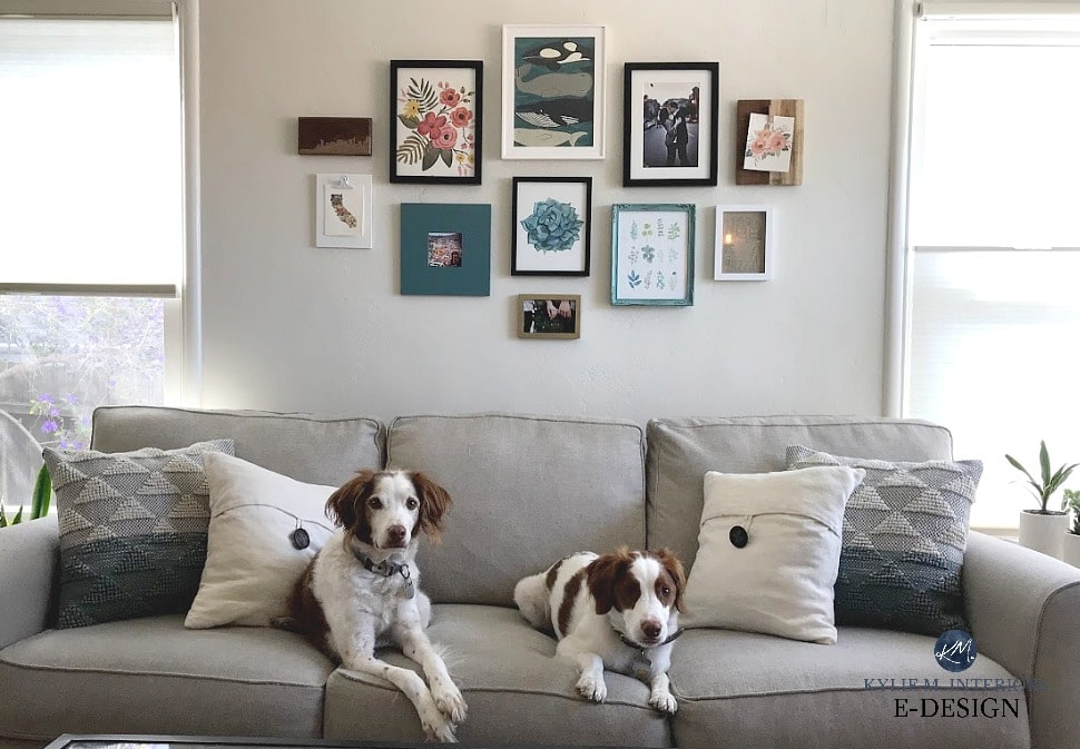 Benjamin Moore Ballet White in living room with white trim and greige sofa. Kylie M Interiors Edesign, online paint color consulting