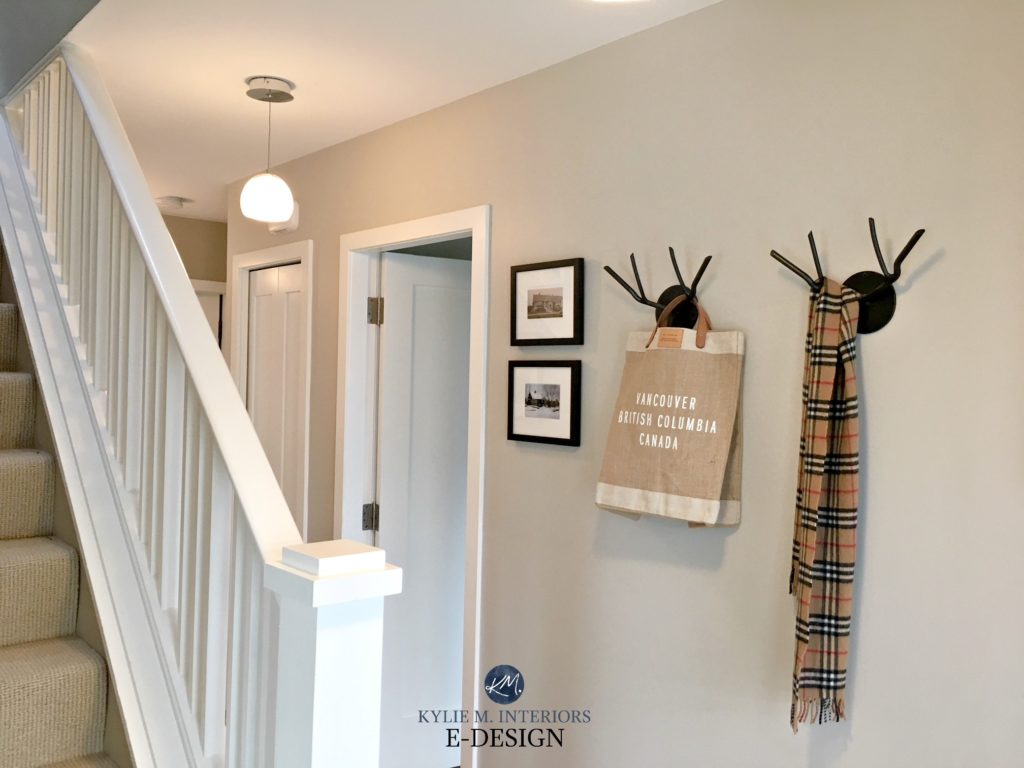Benjamin Moore Edgecomb Gray entryway with white stair railing. Before Kylie M E-design, online color consultant