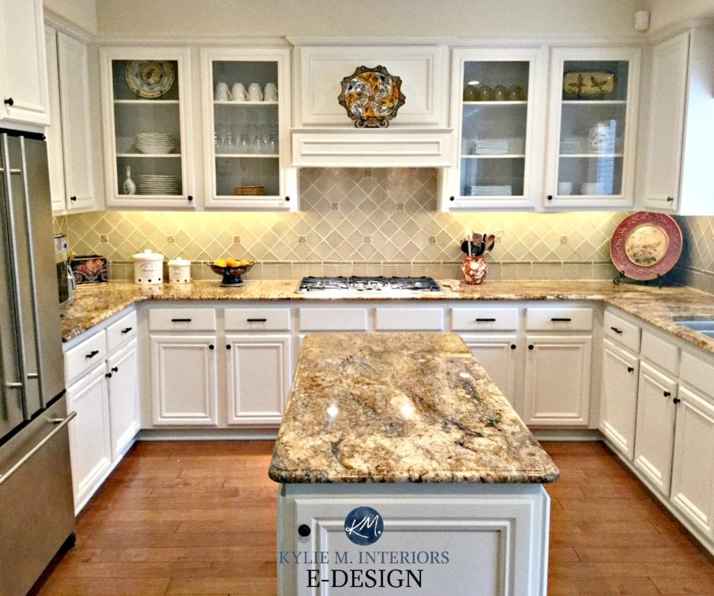 Kitchen with maple cabinets and wood floor painted Benjamin Moore White Down. Kylie M Interiors E-design, online paint color consulting. granite countertops