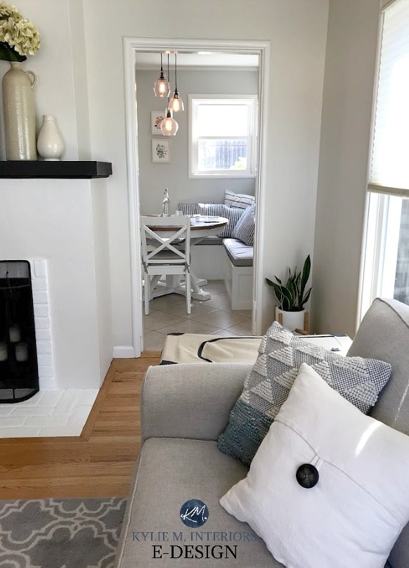 Best cream, beige neutral paint colours. Living room and kitchen, Benjamin Moore Ballet White and Gray Cashmere with White Dove trim and fireplace. Kylie M Interiors Edesign, online paint colour consulting and advice blog