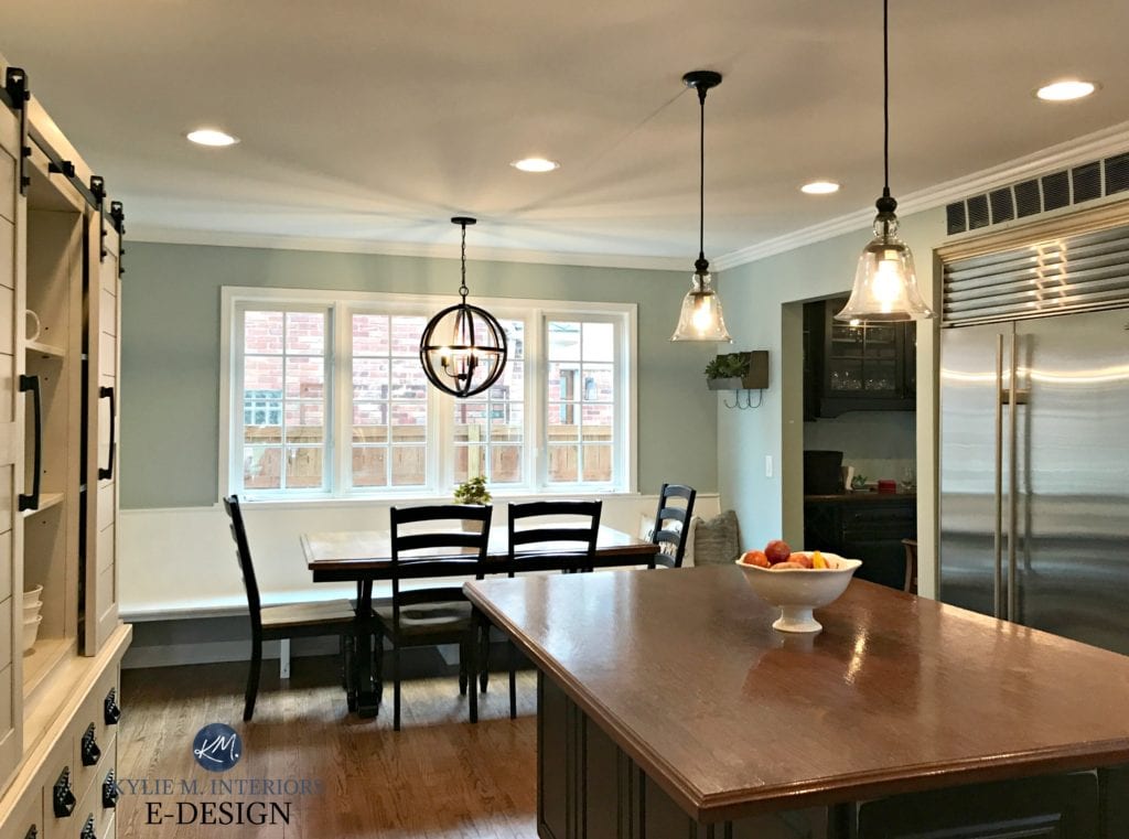 Benjamin Moore Silver Marlin, blue green paint colour, eating nook with bench. Butcher block island. Kylie M Interiors edesign, virtual paint color consulting