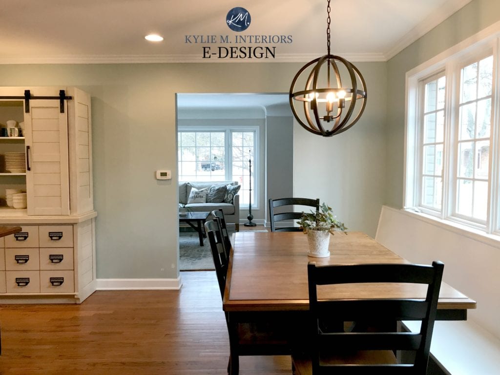 Benjamin Moore Silver Marlin, eating nook in farmhouse kitchen, blue green paint colour. Kylie M INteriors E-design online paint blog expert