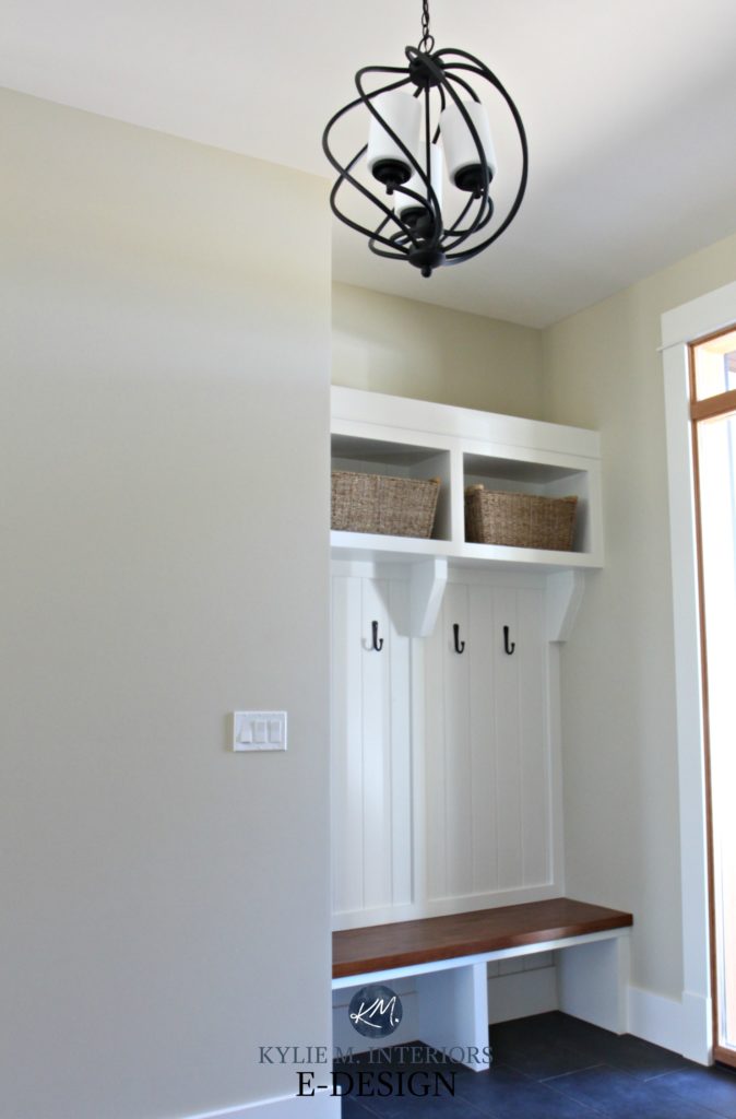 Entryway, hooks and bench, Sherwin Williams Wool Skein, best beige paint colour. Kylie M Interiors Edesign online paint colour consulting