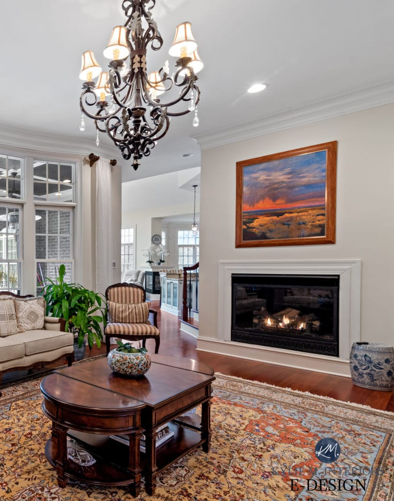 Formal traditional style living or family room. Sherwin Williams Creamy, best warm off white paint color. Kylie M Interiors Edesign, online paint colour and virtual decor advice (1)
