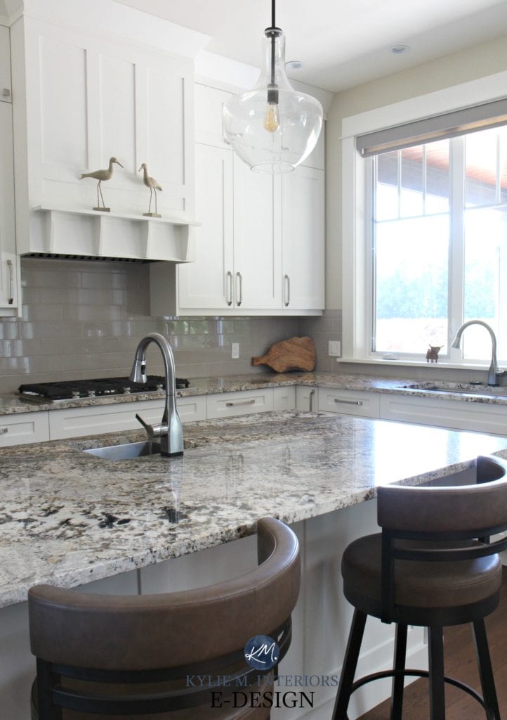 Kylie M Interiors Edesign, cloud white kitchen cabinets, granite countertop, glass subway tile backsplash. south facing. online consulting