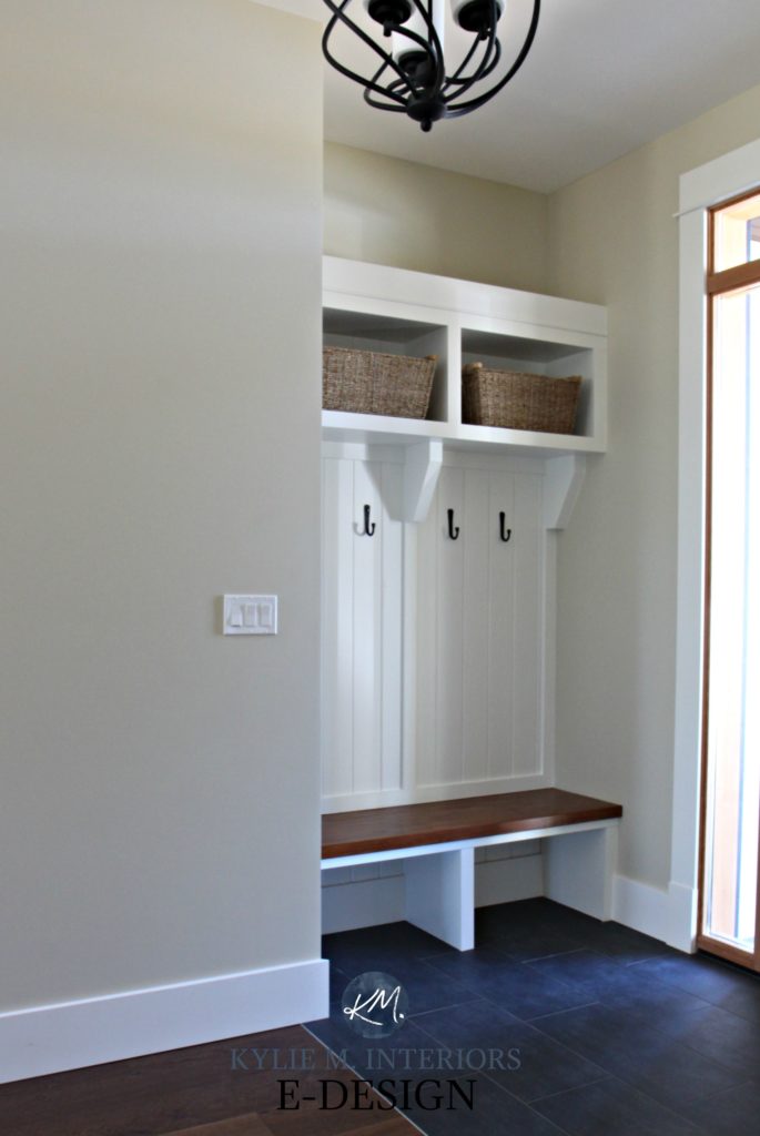 Sherwin Williams Wool Skein, entryway bench and hooks. Cloud White. KYlie M INteriors Edesign, online paint colour consulting, virtual design