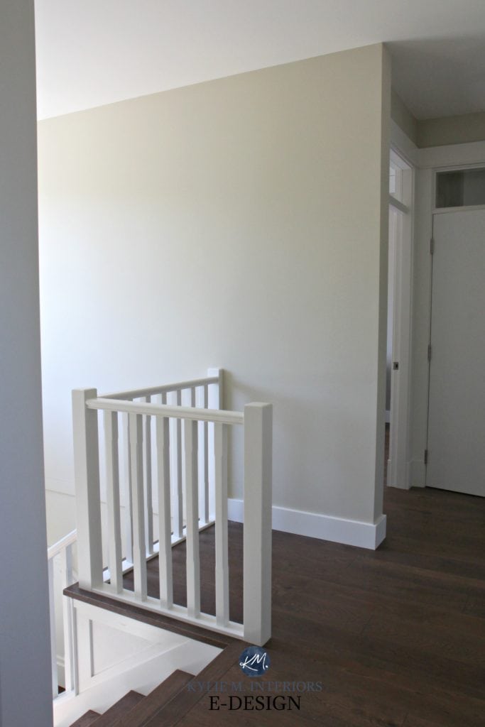 Sherwin Williams Wool Skein, south facing hallway, stairwell, white railing, dark wood flooring, Kylie M INteriors Edesign, online virtual paint consultant