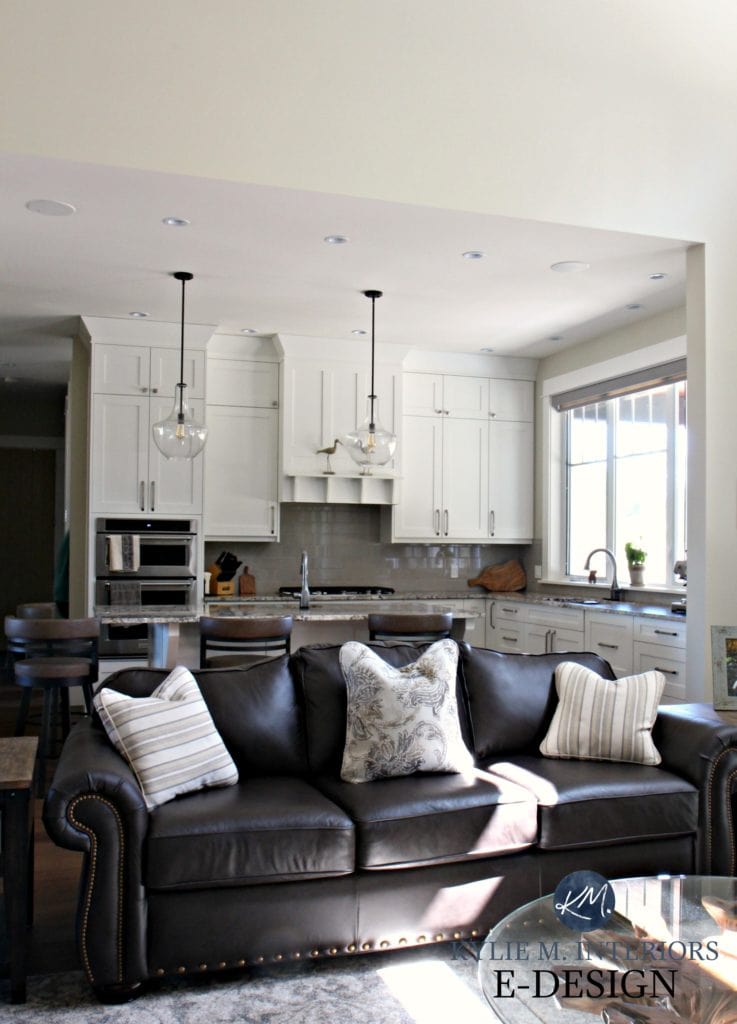 Sherwin Williams Wool Skein, south facing tall ceiling, Cloud White cabinets, open layout. Kylie M interiors Edesign, virtual online color consulting