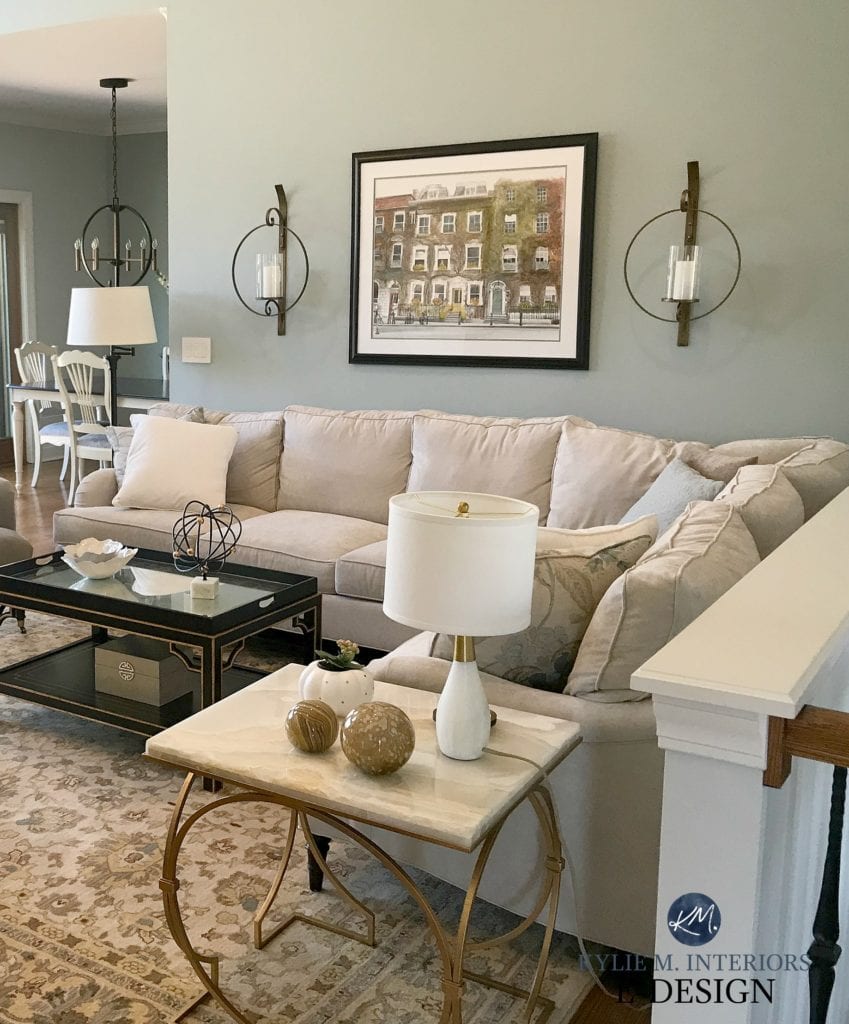 Benjamin Moore Beach Glass open layout living room and dining room. Blue green gray paint colour. Kylie M Interiors Edesign, online color consulting. Client photo
