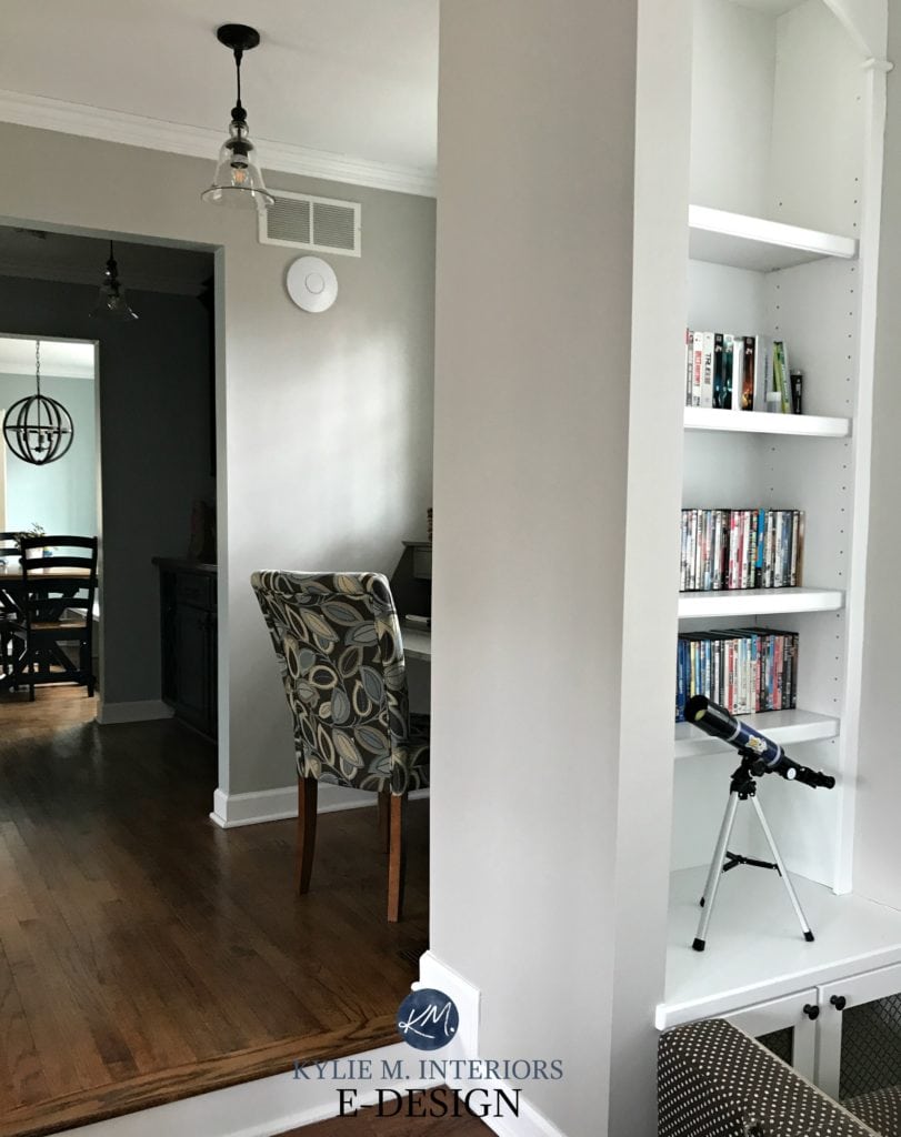 Benjamin Moore Cumulus Cloud with wood floor, white trim. Gray paint colours. Kylie M Interiors E-design