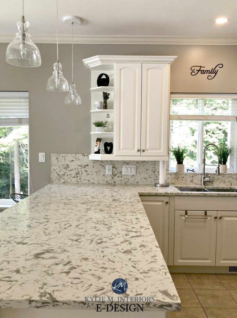 Kitchen update, TCE 3001 quartz, Mushroom look Pashmina paint colour. Oak cabinets cathedral arched top painted Benjamin Moore White Dove. Kylie M INteriors Edesign, online paint colour expert