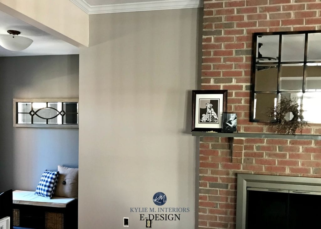 Red brick fireplace, best paint colour Sherwin Williams Anew Gray and Dovetail. Kylie M INteriors E-design, online paint color consultant