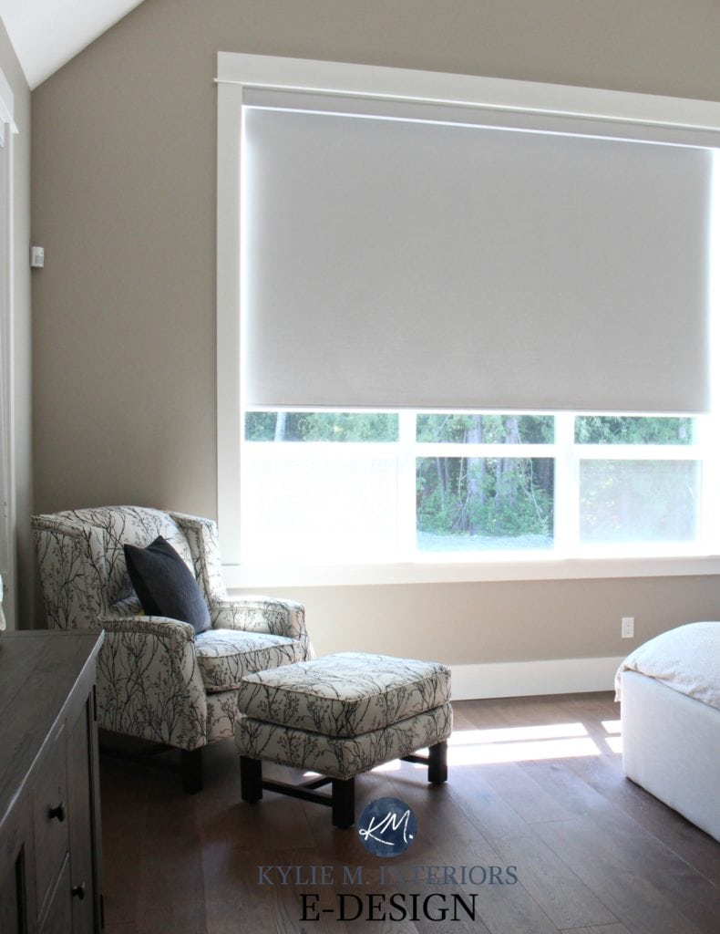 Sherwin Williams Balanced Beige, south facing bedroom, dark wood oak flooring. accent chair. Kylie M Interiors Edesign, online paint colour consulting, best greige paint colour