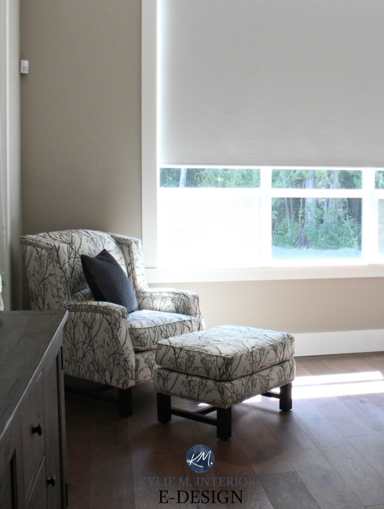 Sherwin Williams Balanced Beige, almost mushroom paint colour, south facing room. Kylie M Interiors Edesign, online virtual paint color consultant. Best beige, greige paint colours