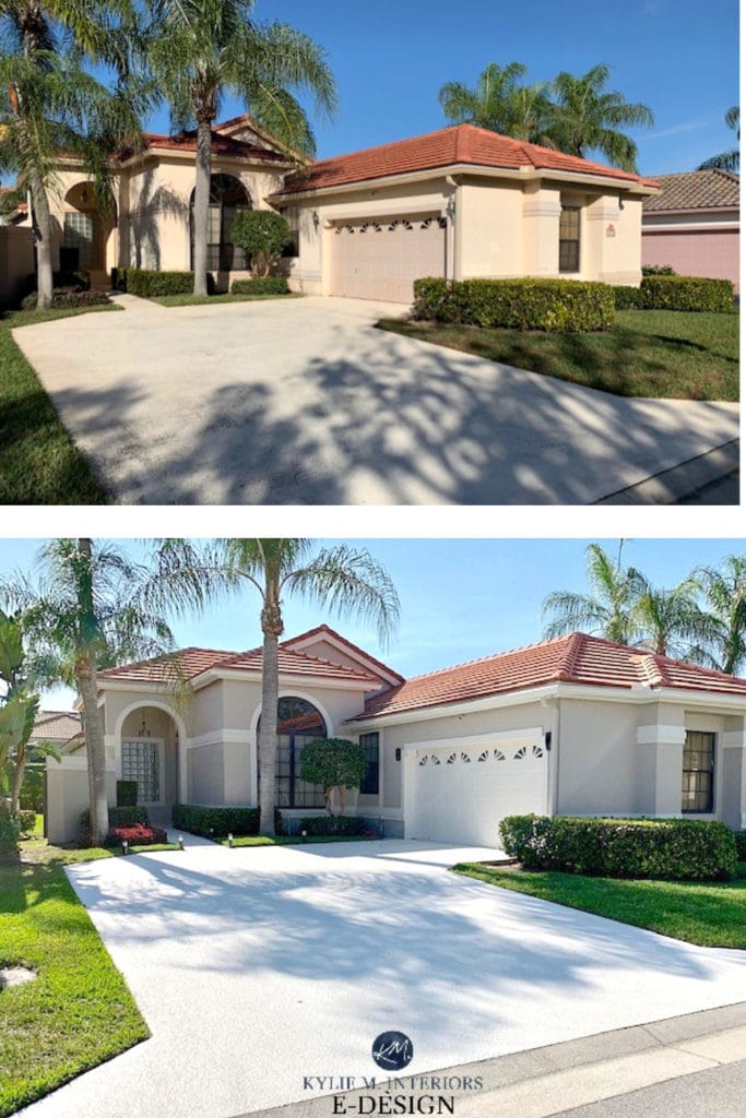 Before and after, Florida style home, stucco, red orange terracotta tile roof. Kylie M Interiors Edesign, online paint colour consulting, best paint colors blog and advice
