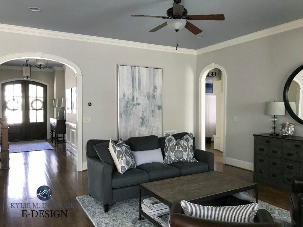 Benjamin Moore Collingwood, best warm gray paint colour, Silver Gray ceiling, Sherwin Dover White trim, contemporary living room. Kylie M INteriors Edesign, online paint color consultant