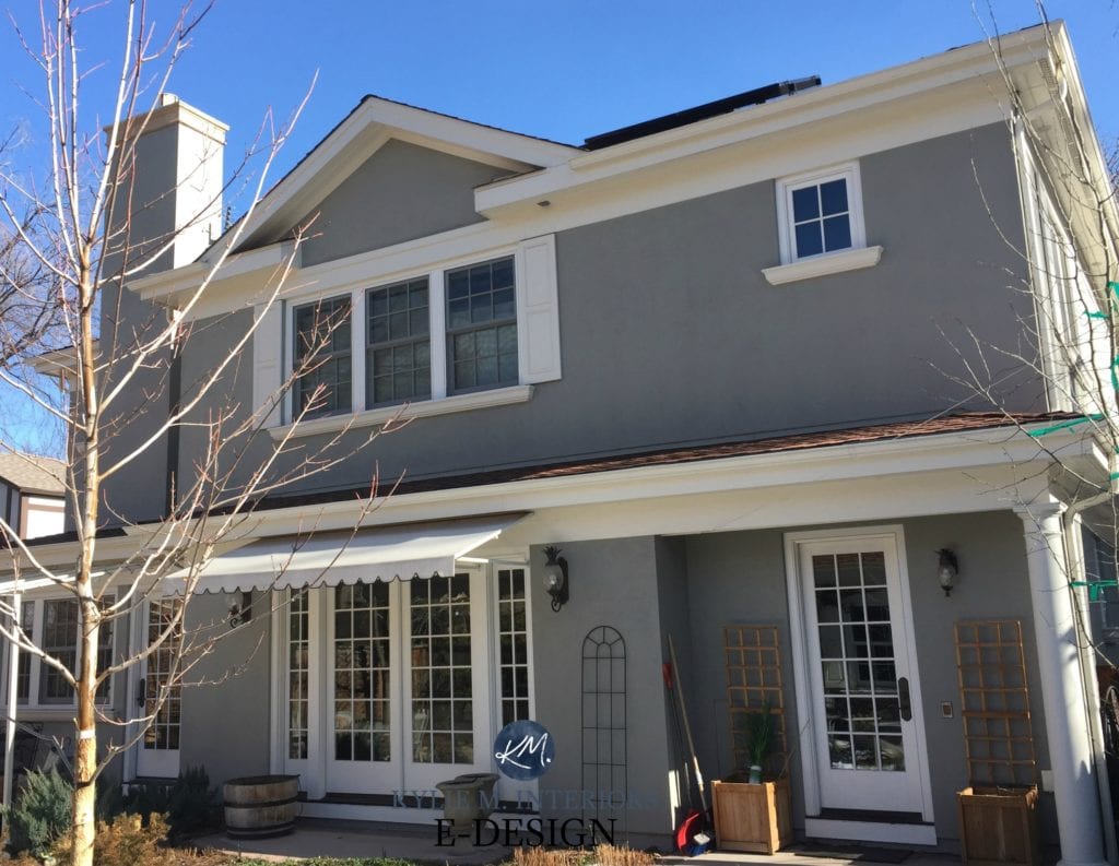 Benjamin Moore Rockport Graywith rust Roof, sail cloth trim, sunny day. Client photo BEFORE. Kylie M Interiors E-design