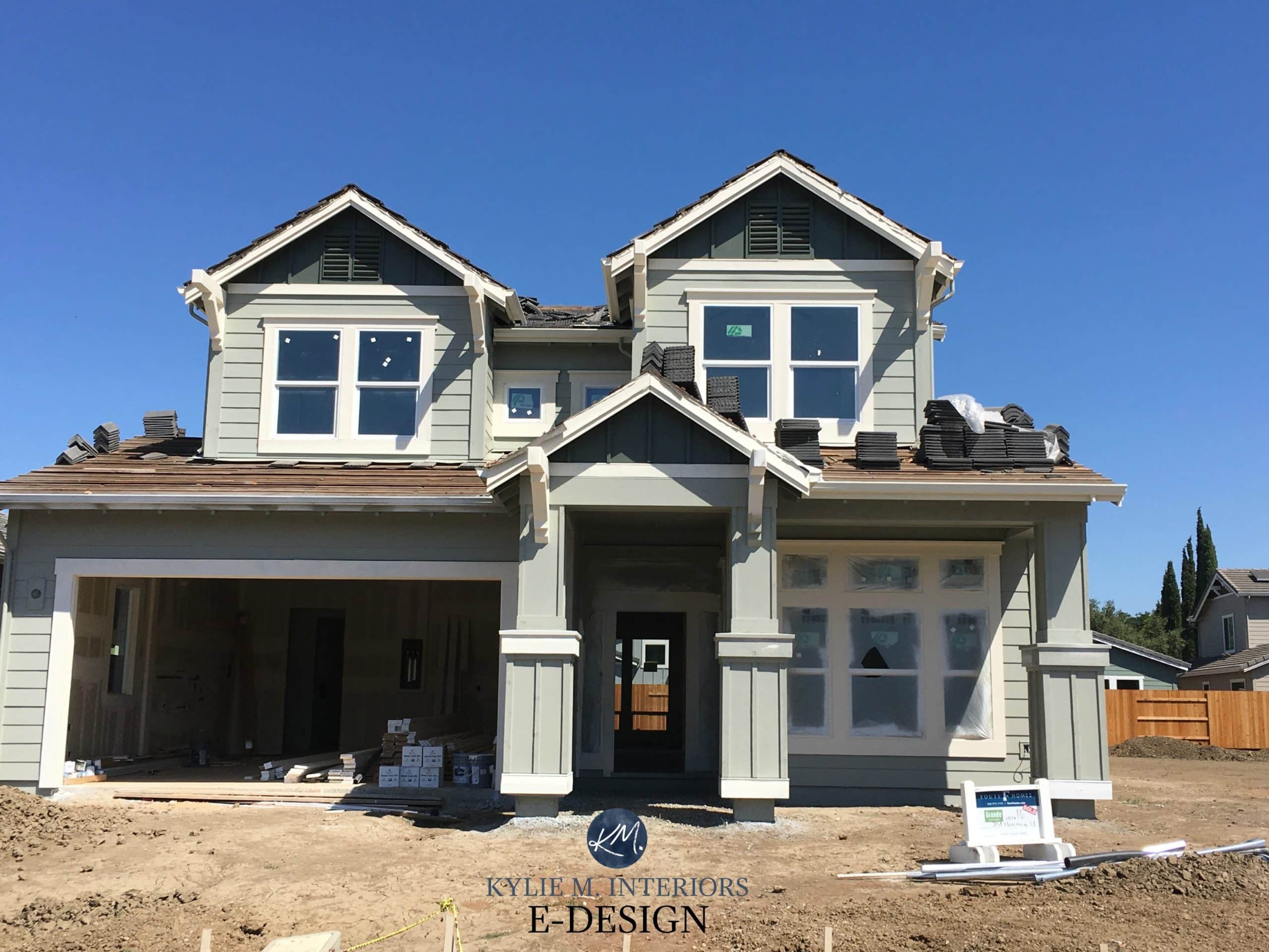 EXTERIOR, Sherwin Williams Rare Gray siding, Casa Blanca Trim and Pewter Green gables. Kylie M INteriors edesign. Client before photo