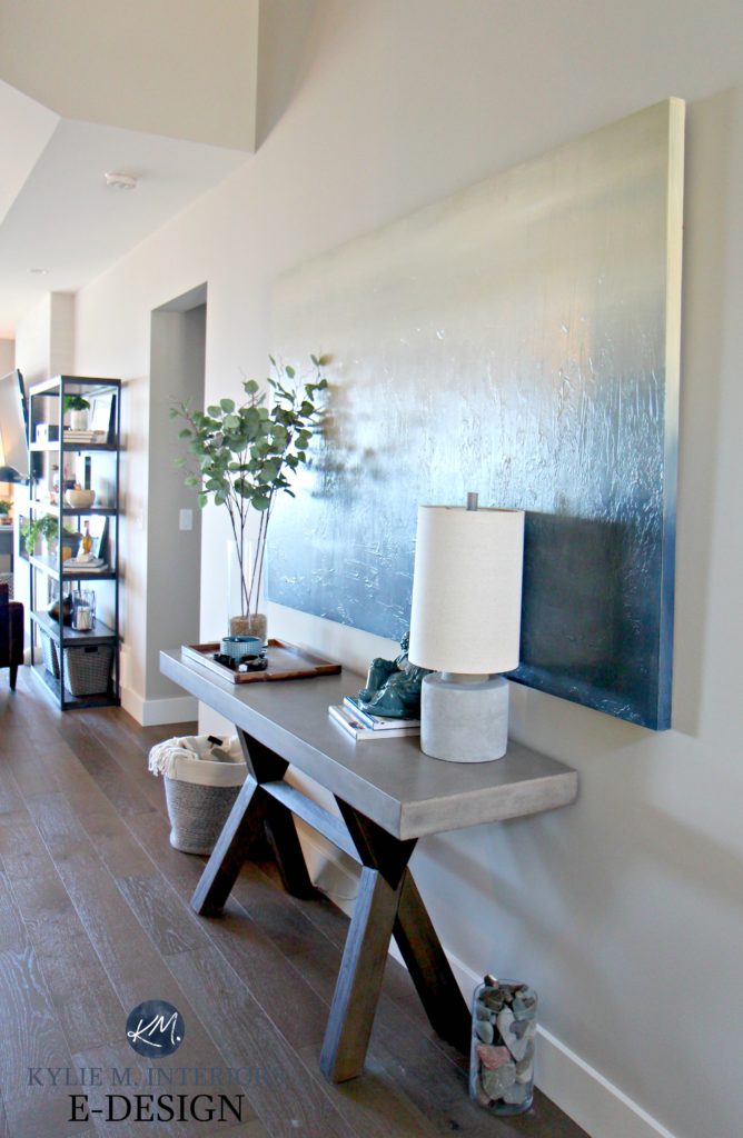 Entryway console table, home decor, oversized canvas artwork, concrete table. Sherwin Williams Collonade Gray Kylie M INteriors Edesign, online paint consulting