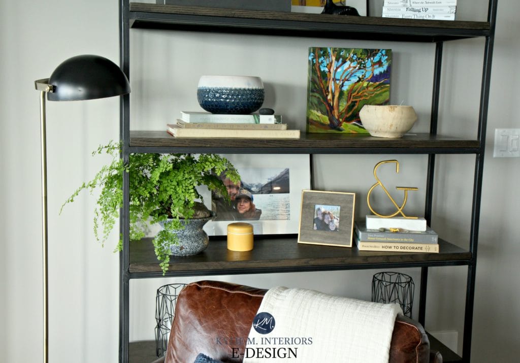 Metal and wood bookcase with home decor. Sherwin Williams Collonade Gray paint colour. Kylie M Interiors Edesign, online consultant
