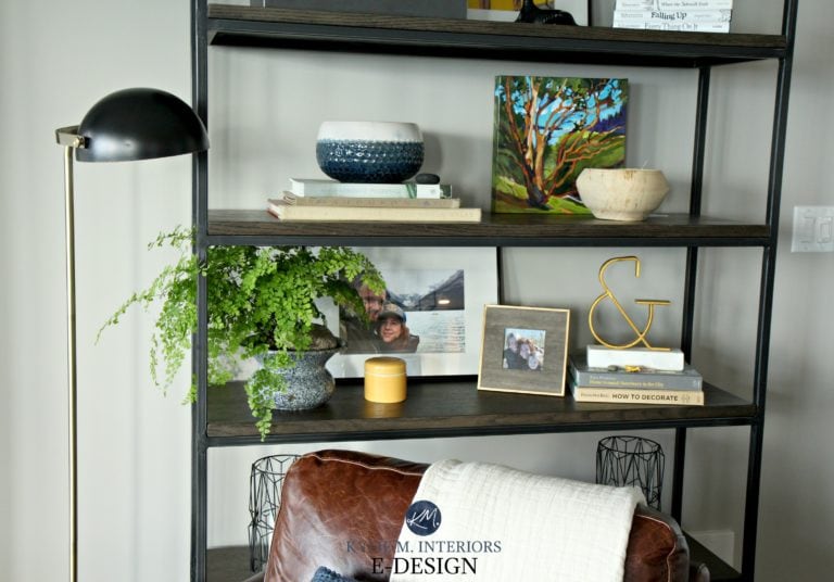 Metal and wood bookcase with home decor. Sherwin Williams Collonade Gray paint colour. Kylie M Interiors Edesign, online consultant