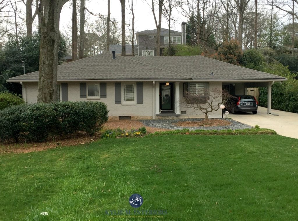 Sherwin Williams Mindful Gray wash on brick, Gauntlet Gray shutters, Anew Gray beams and lightened trim on brick home by Kylie M INteriors Online Colour Consulting