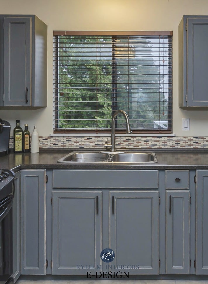 Benjamin Moore Chelsea Gray painted oak wood cabinets. Formica Mineral Jet countertop. cabinets distressed. Kylie M INteriors Edesign, online paint colour consulting. Artez photography