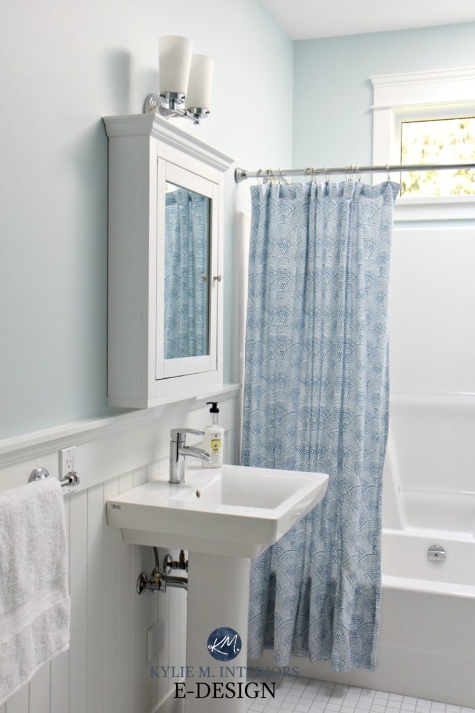 Small bathroom ideas pedestal sink, beadboard Benjamin Moore Ocean Air, blue paint colour, medicine cabinet shower curtain. Kylie M Interiors Edesign, edecor, online paint colour blog