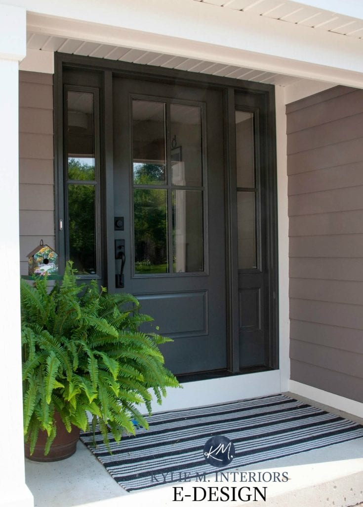 Front door exterior painted Sherwin Williams Iron Ore, Mink siding, Alabaster trim. Kylie M INteriors Edesign, online paint colour consultant