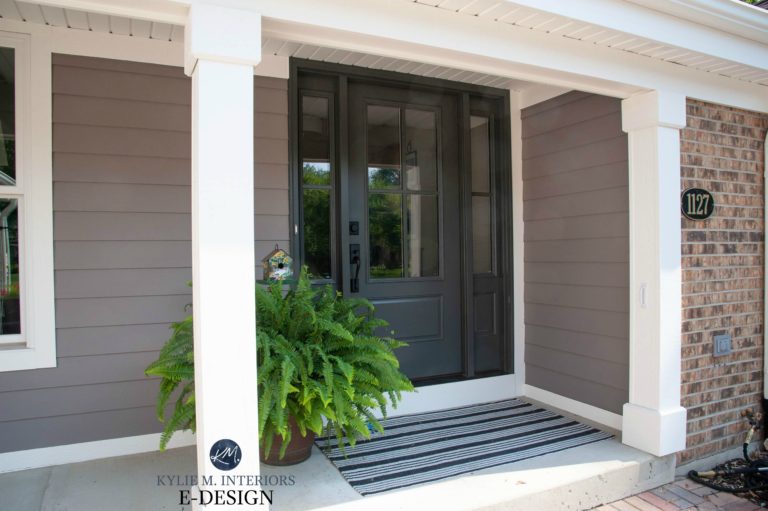 Kylie M Interiors EDESIGN, exterior front door painted Sherwin Williams Iron Ore, trim Alabaster, siding Mink. With brick