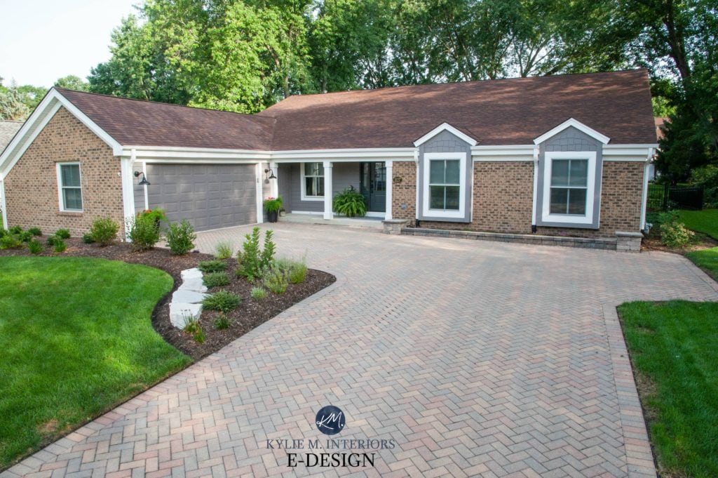 Kylie M Interiors Edesign Exterior ranch with brick house and drivway. orange, purple roof. Sherwin Williams Palette Mink, Alabaster and Iron Ore