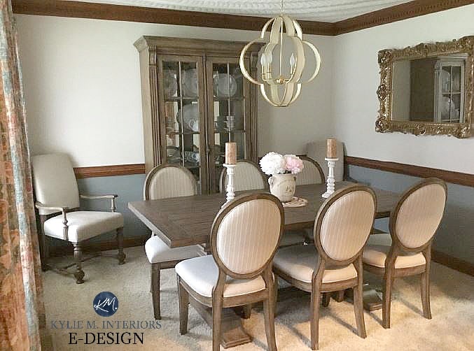 Sherwin Williams Aesthetic White, best off white paint colour with greige Benjamin Moore Stonybrook dark wood trim, beige carpet. Kylie M Interiors Edesign, online paint colour consultant