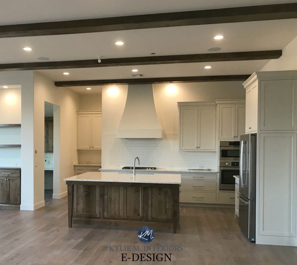 Sherwin Williams White Duck greige cream walls. BEnjamin Moore Edgecomb Gray cabinets, dark wood island, wood beams. Kylie M Interiors Edesign, online paint color blog (1)