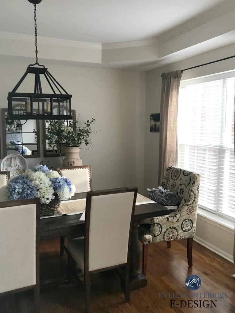 Benjamin Moore Ballet White, dining room, tray ceiling, wood flooring. Best neutral paint colour. Kylie M interiors E-design, online paint color consulting, virtual