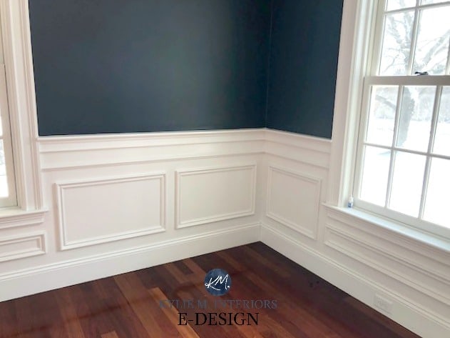 Benjamin Moore Hale Navy, White Dove wainscoting, red toned exotic wood floor. Kylie m Interiors E-design, client photo