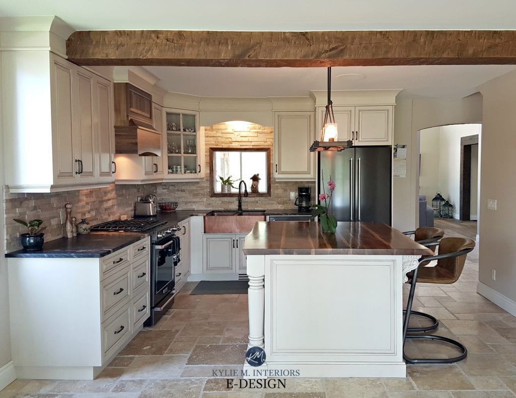 Kitchen cabinets painted Benjamin Moore Ballet White, glaze, Cedar Key walls, travertine tile floor , red orange brick walls. Island with wood top. Kylie M Interiors Edesign, client photo (3)