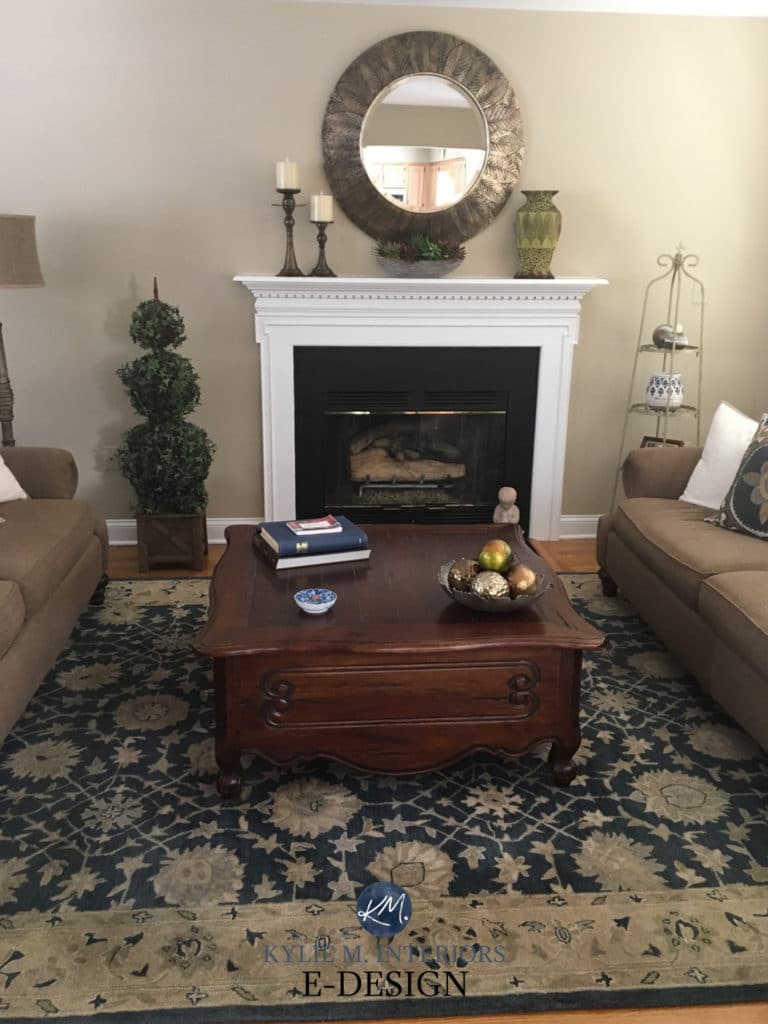 LIving Room with Bleeker Beige paint color on walls. Kylie M Interiors Edesign, client before photo (1)