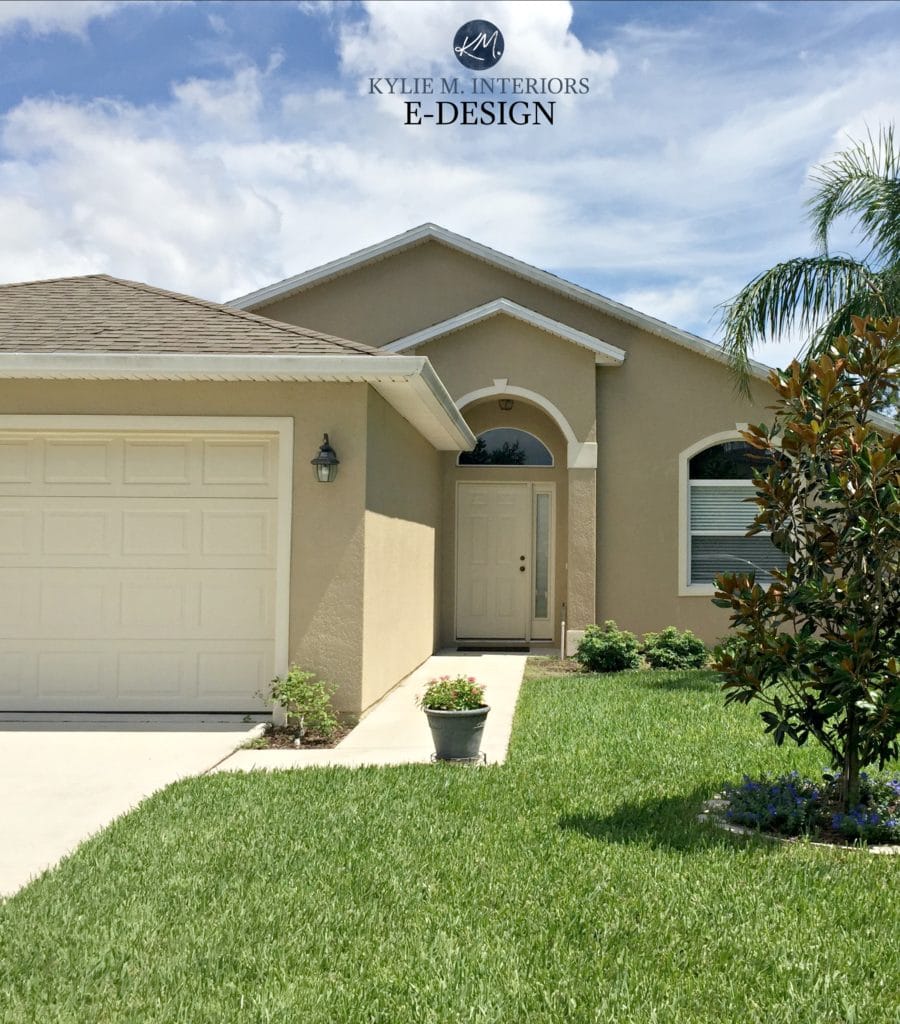 Rancher stucco exterior, Benjamin Moore Lenox Tan, Elephant Tusk trim garage door. Kylie M Interiors Edesign, online paint client photo