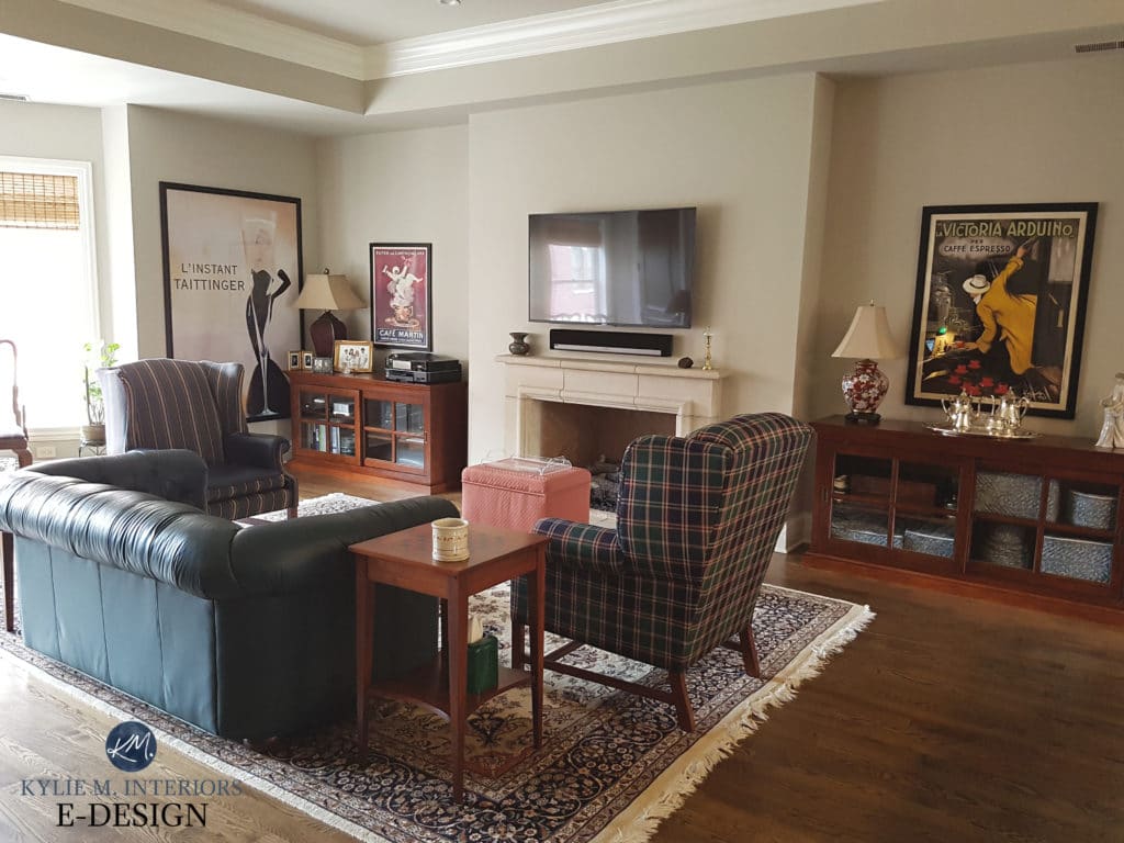 Revere Pewter in living room with muddy undertones. Kylie M Interiors Edesign, online paint consulting. Client before photo