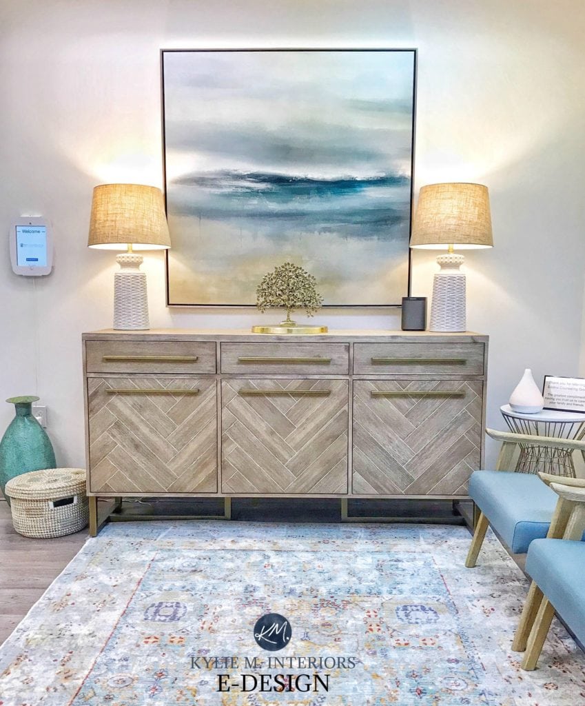 Sherwin Williams Alabaster best warm white paint colour. Client waiting room. Beach coastal colour. Client photo. Kylie M INteriors Edesign, online paint color consulting