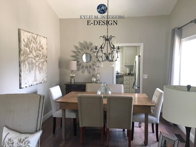 Sherwin Williams Collonade Gray in dining room. Best greige paint colour Kylie M INteriors Edesign, online paint consulting